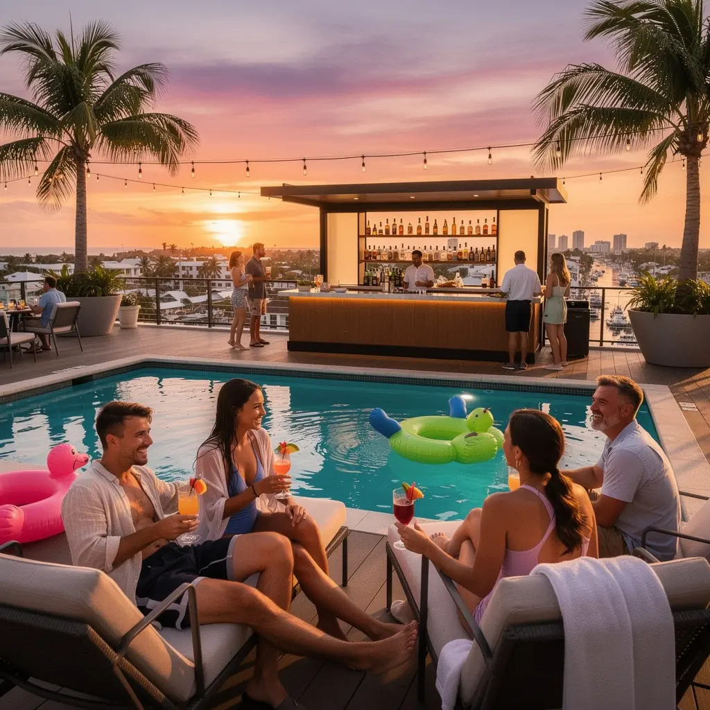 Изысканный ужин в ресторане с видом на закат и столиками на открытом воздухе.