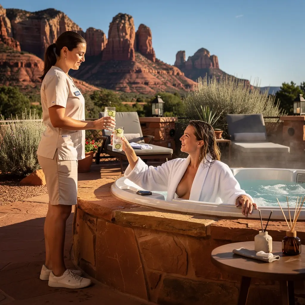 Путешественник наслаждается закатом на пляже с красивым пейзажем.